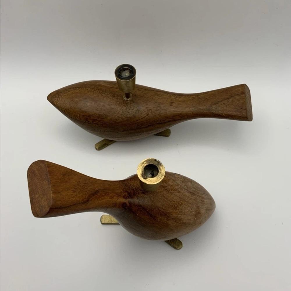 Wood Teak Danish Bird Candleholders With Brass Feet MCM - Picture 3 of 6